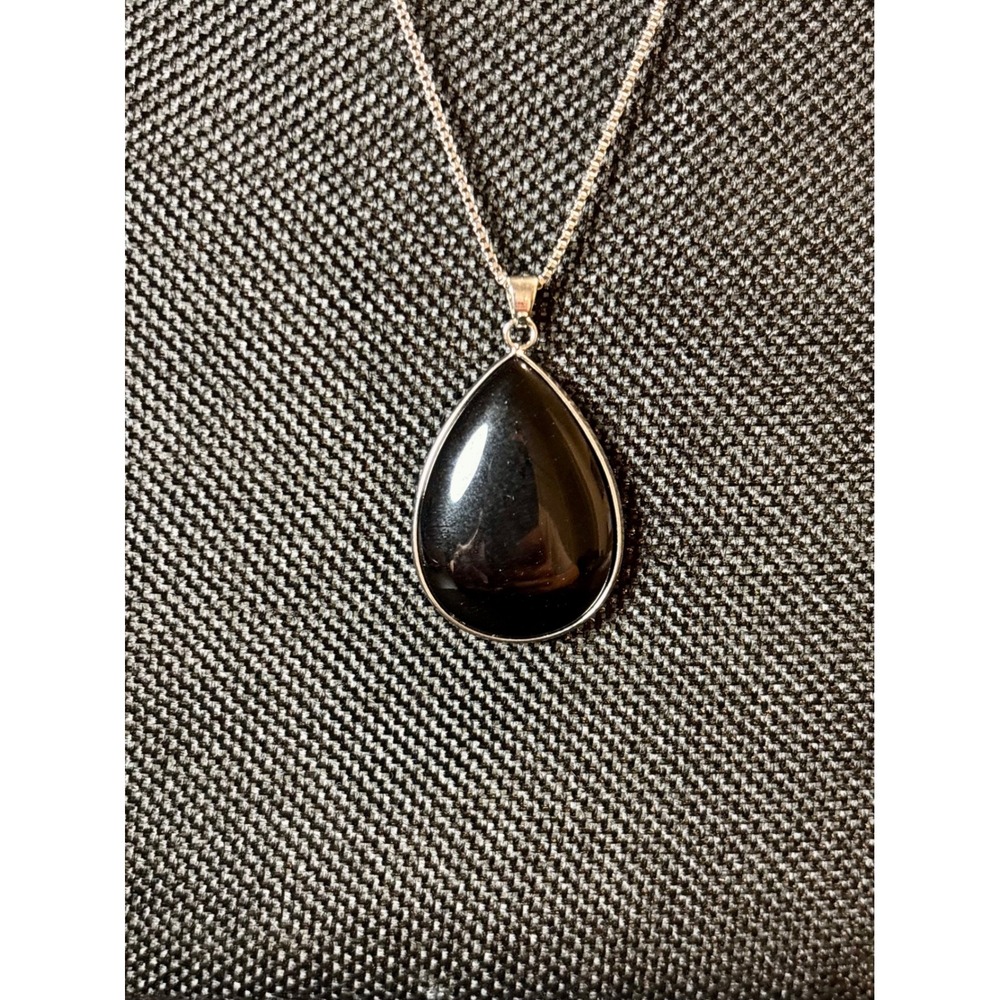 Black Obsidian Teardrop Pendant Necklace Stainless Steel Box Chain 24-26 Inch